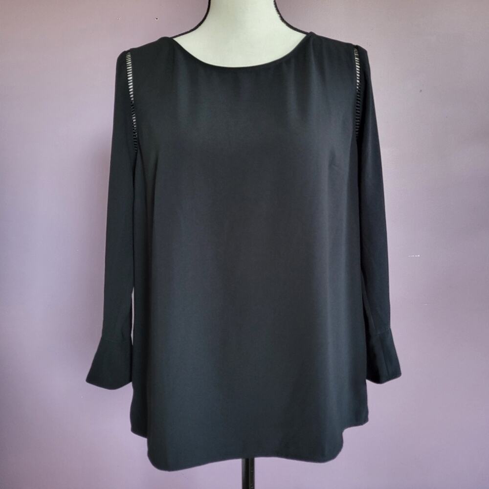 Talbots Black Chiffon Shoulder Cut Out 3/4 Bell Sleeve Side Zip Blouse